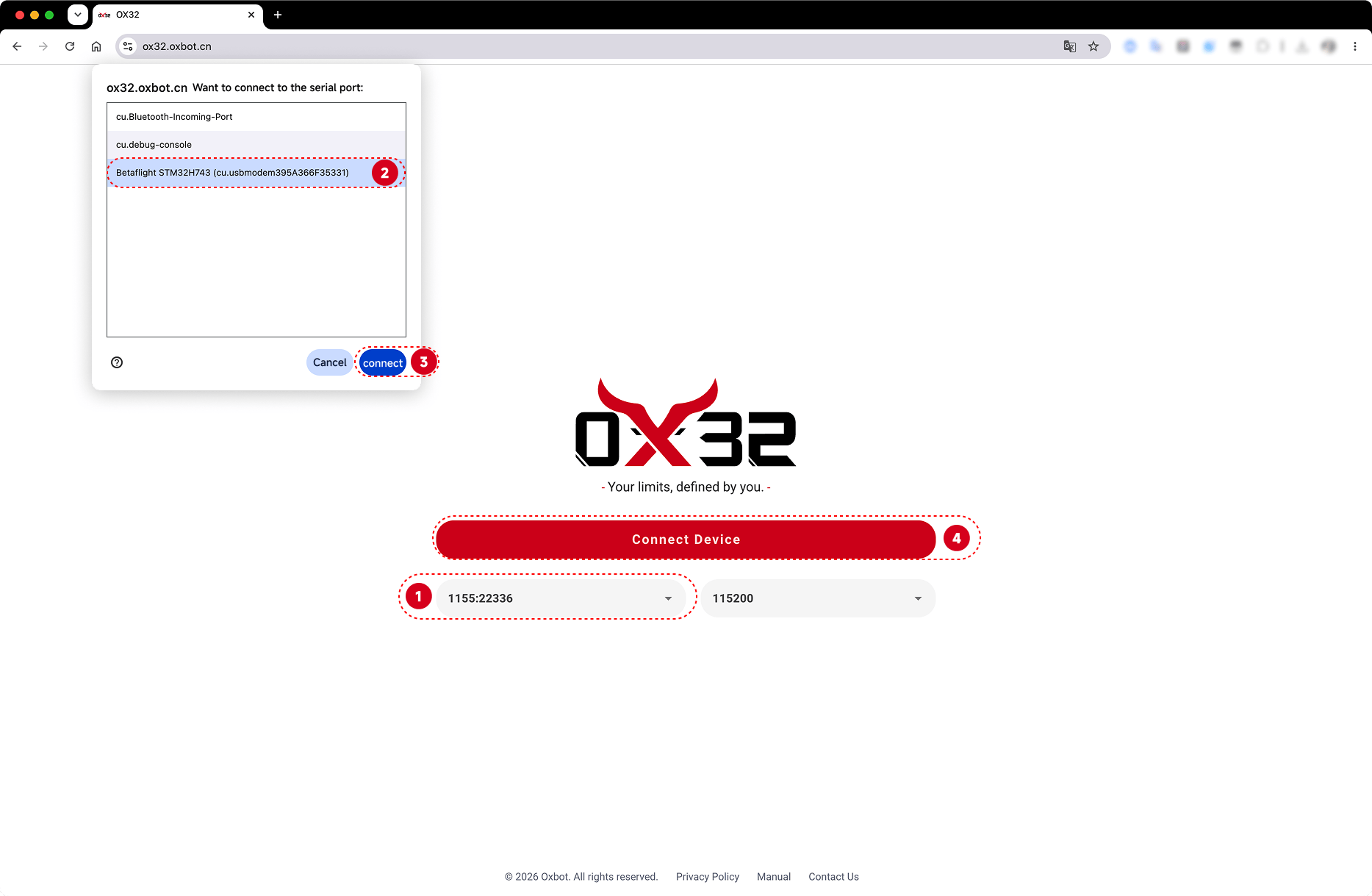 OX32 ESC configurator — device connection and tuning