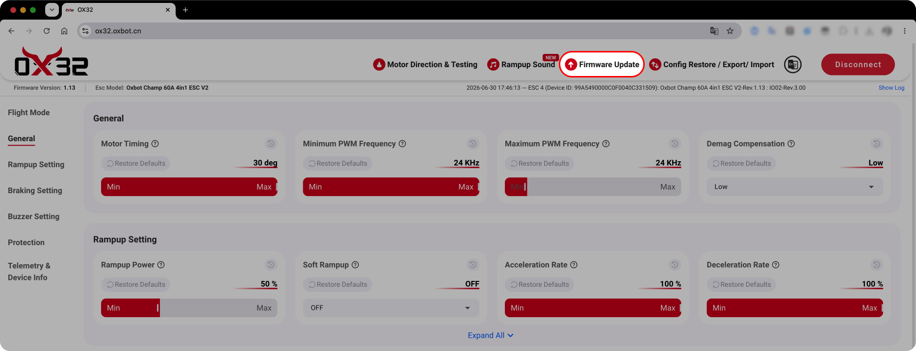 OX32 ESC configurator — firmware update